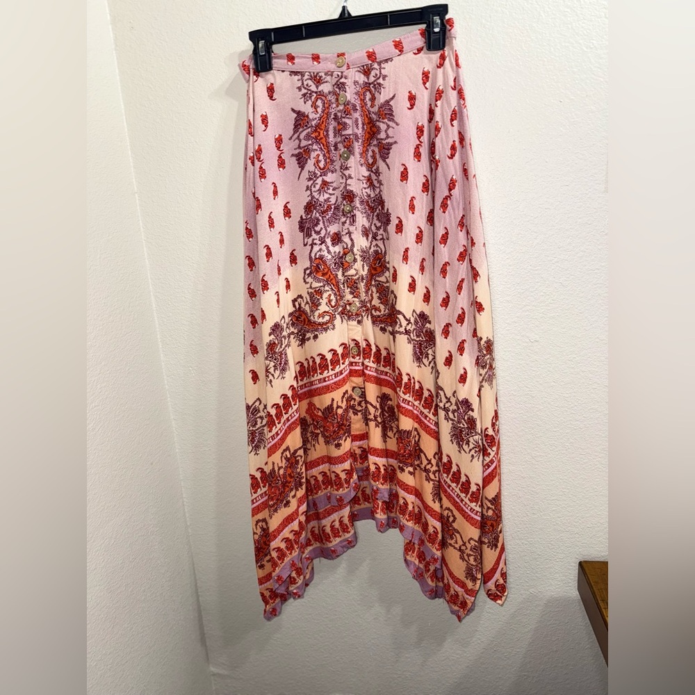 Angie Boho Paisley Midi Skirt Pink Rayon Hanky Hem Festival Y2K Chic- Large - Picture 3 of 7